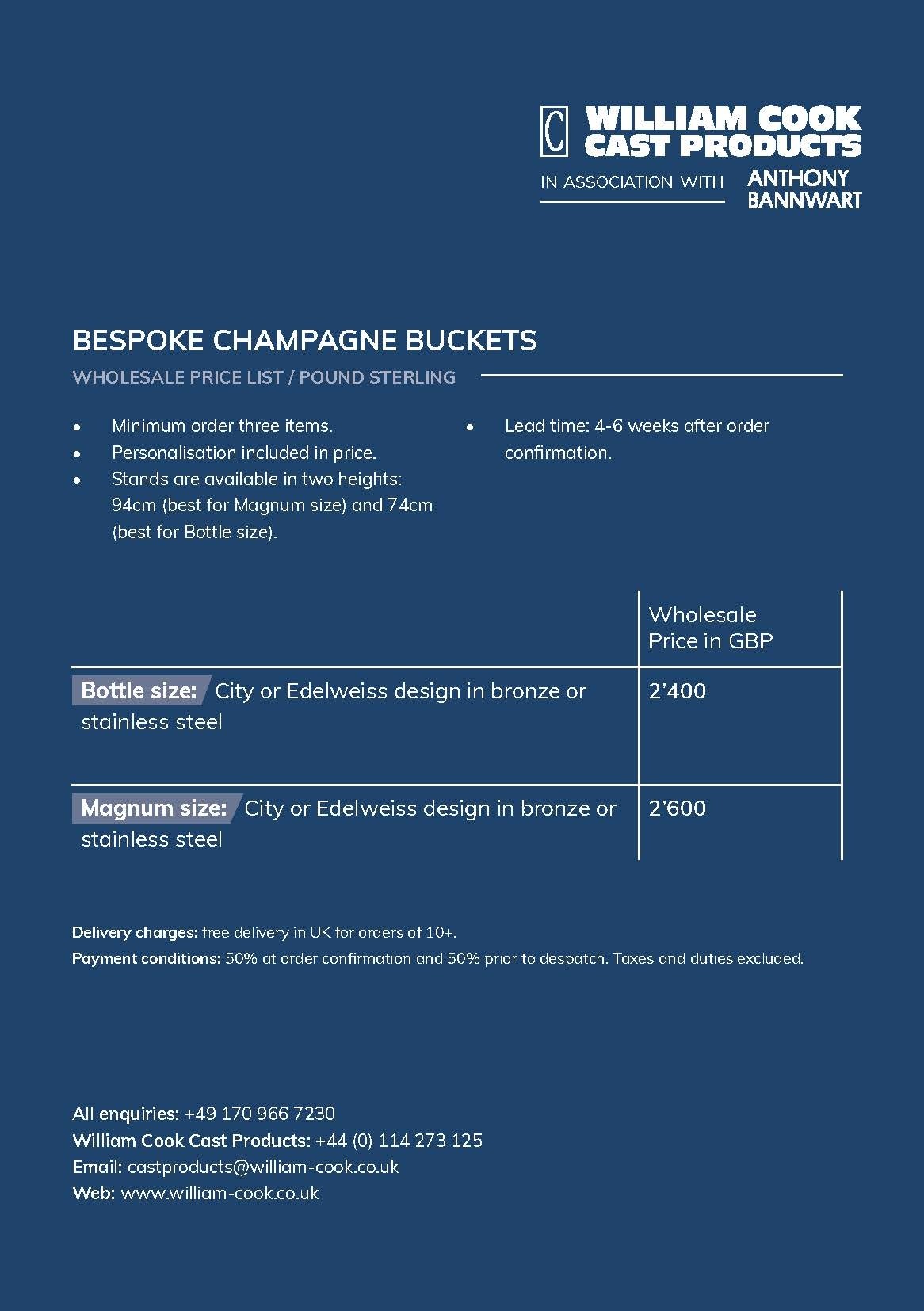 William Cook Cast Products in association with Anthony Bannwart Bespoke Champagne Buckets - Pricelists: Retail & Wholesale (GBP, EUR, CHF)